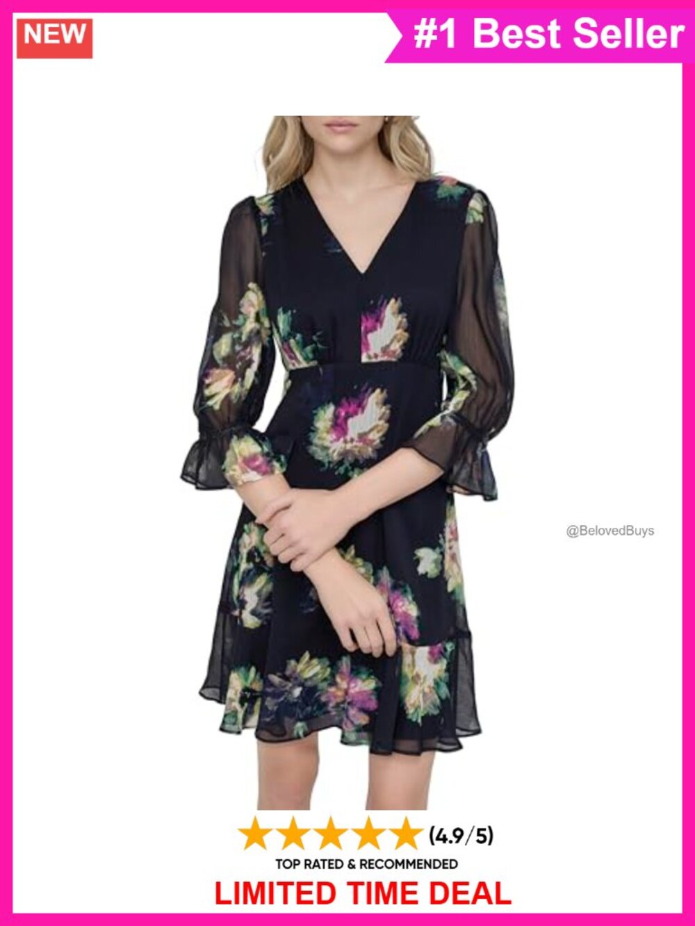 V-Neck Balloon Sleeve Ruffle Hem Fit & Flare Dress 3/4 Sleeve